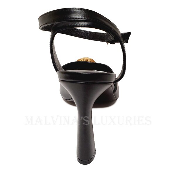 VERSACE SHOES BLACK LEATHER w MEDUSA HIGH HEEL SANDALS 38 / US 8 - Picture 8 of 12